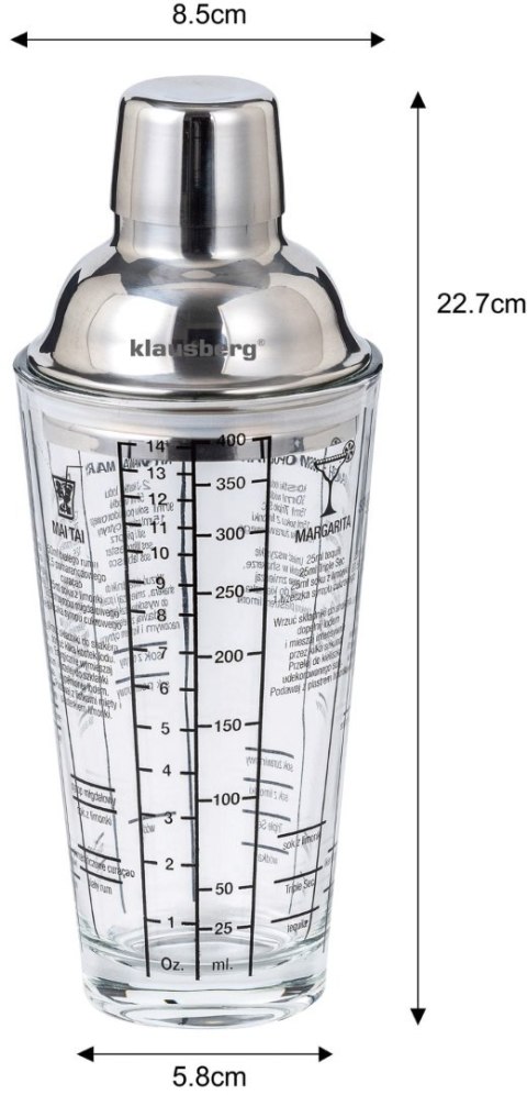 SHAKER DO DRINKÓW KOKTAJLI Z PRZEPISAMI BARMAŃSKI SZKLANY 400ML KLAUSBERG KB-7647 SHAKER DO DRINKÓW KOKTAJLI Z PRZEPISAMI BARMAŃSKI SZKLANY 400ML KLAUSBERG KB-7647
