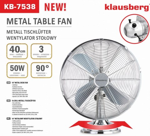 WENTYLATOR BIURKOWY 40CM 50W METALOWY KLAUSBERG KB-7538 WENTYLATOR BIURKOWY 40CM 50W METALOWY KLAUSBERG KB-7538