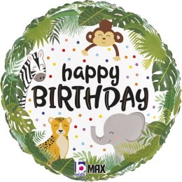 Balon Foliowy Happy Birthday dżungla Safari okrągły 46cm Grabo