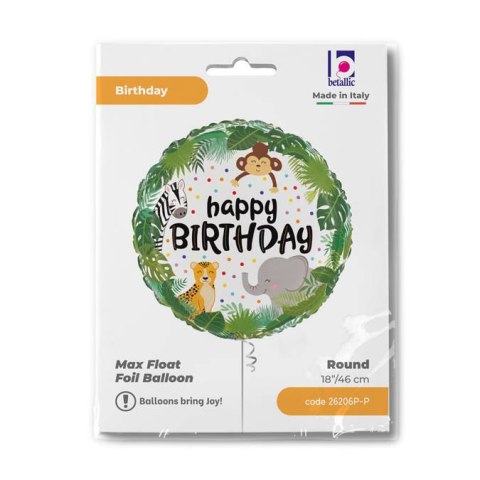 Balon Foliowy Happy Birthday dżungla Safari okrągły 46cm Grabo Balon Foliowy Happy Birthday dżungla Safari okrągły 46cm Grabo