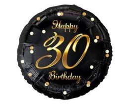 Balon foliowy Happy 30 Birthday, czarny złoty nadruk, 46 cm Godan