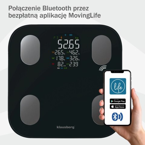 WAGA ŁAZIENKOWA Z POMIAREM TKANKI TŁUSZCZOWEJ I SKŁADU CIAŁA, SMART, BT, KLAUSBERG KB-7854 CZARNA WAGA ŁAZIENKOWA Z POMIAREM TKANKI TŁUSZCZOWEJ I SKŁADU CIAŁA, SMART, BT, KLAUSBERG KB-7854 CZARNA