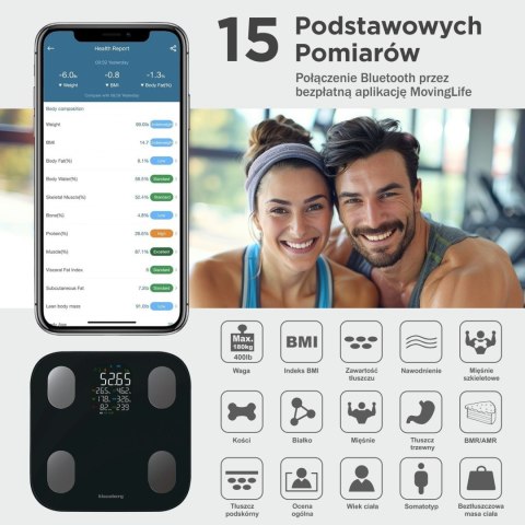 WAGA ŁAZIENKOWA Z POMIAREM TKANKI TŁUSZCZOWEJ I SKŁADU CIAŁA, SMART, BT, KLAUSBERG KB-7854 CZARNA WAGA ŁAZIENKOWA Z POMIAREM TKANKI TŁUSZCZOWEJ I SKŁADU CIAŁA, SMART, BT, KLAUSBERG KB-7854 CZARNA