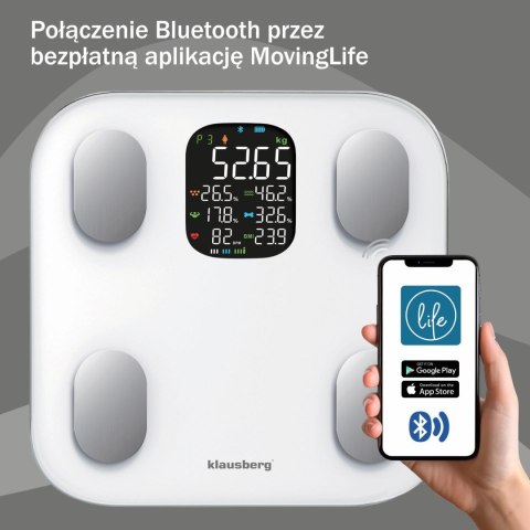 WAGA ŁAZIENKOWA Z POMIAREM TKANKI TŁUSZCZOWEJ I SKŁADU CIAŁA, SMART, BT, KLAUSBERG KB-7855 BIAŁA WAGA ŁAZIENKOWA Z POMIAREM TKANKI TŁUSZCZOWEJ I SKŁADU CIAŁA, SMART, BT, KLAUSBERG KB-7855 BIAŁA