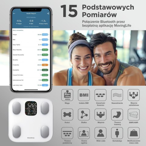 WAGA ŁAZIENKOWA Z POMIAREM TKANKI TŁUSZCZOWEJ I SKŁADU CIAŁA, SMART, BT, KLAUSBERG KB-7855 BIAŁA WAGA ŁAZIENKOWA Z POMIAREM TKANKI TŁUSZCZOWEJ I SKŁADU CIAŁA, SMART, BT, KLAUSBERG KB-7855 BIAŁA