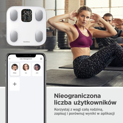 WAGA ŁAZIENKOWA Z POMIAREM TKANKI TŁUSZCZOWEJ I SKŁADU CIAŁA, SMART, BT, KLAUSBERG KB-7855 BIAŁA WAGA ŁAZIENKOWA Z POMIAREM TKANKI TŁUSZCZOWEJ I SKŁADU CIAŁA, SMART, BT, KLAUSBERG KB-7855 BIAŁA