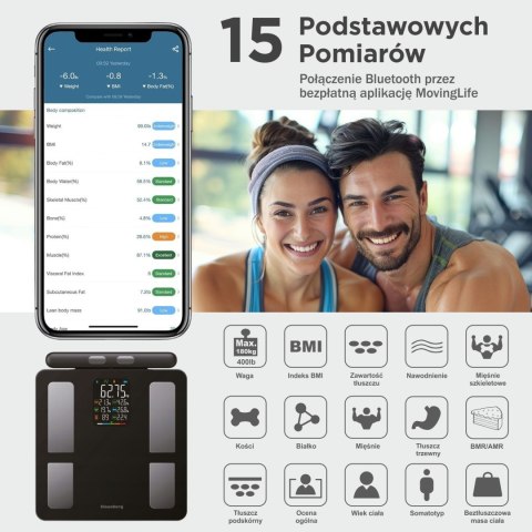 WAGA ŁAZIENKOWA Z POMIAREM TKANKI TŁUSZCZOWEJ I SKŁADU CIAŁA, SMART, BT, KLAUSBERG KB-7856 CZARNA WAGA ŁAZIENKOWA Z POMIAREM TKANKI TŁUSZCZOWEJ I SKŁADU CIAŁA, SMART, BT, KLAUSBERG KB-7856 CZARNA