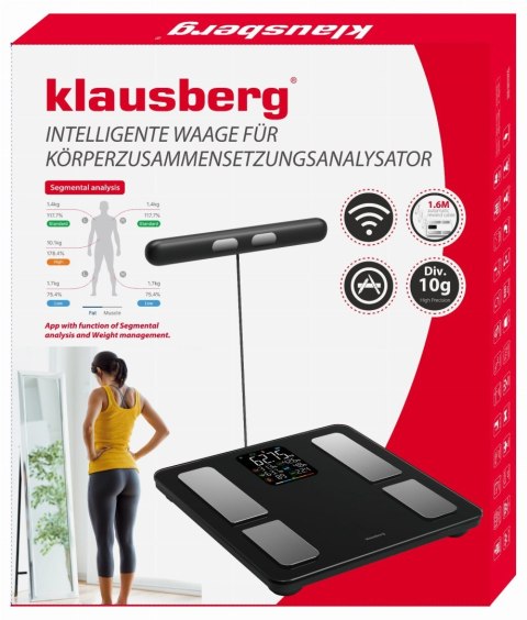 WAGA ŁAZIENKOWA Z POMIAREM TKANKI TŁUSZCZOWEJ I SKŁADU CIAŁA, SMART, BT, KLAUSBERG KB-7856 CZARNA WAGA ŁAZIENKOWA Z POMIAREM TKANKI TŁUSZCZOWEJ I SKŁADU CIAŁA, SMART, BT, KLAUSBERG KB-7856 CZARNA