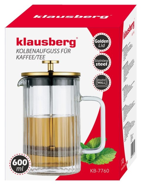 ZAPARZACZ DO KAWY HERBATY SZKLANY 600ML FRENCH PRESS KLAUSBERG KB-7760 ZŁOTY ZAPARZACZ DO KAWY HERBATY SZKLANY 600ML FRENCH PRESS KLAUSBERG KB-7760 ZŁOTY