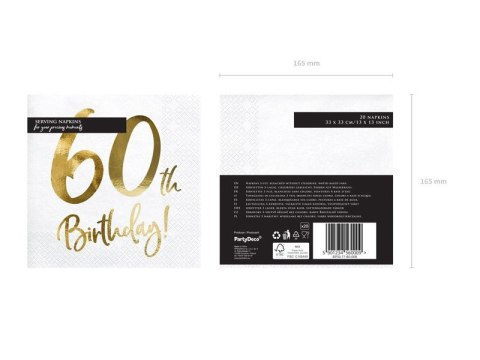 Serwetki '60th Birthday' na 60 urodziny, białe, 33x33cm (1 op. / 20 szt.) Partydeco Serwetki '60th Birthday' na 60 urodziny, białe, 33x33cm (1 op. / 20 szt.) Partydeco