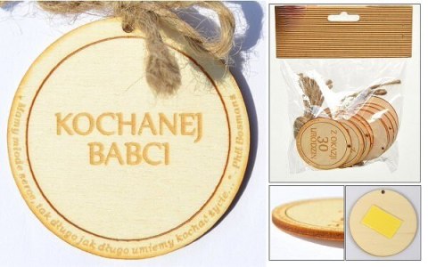 Zawieszka drewniana lub do przyklejenia z tekstem "Kochanej babci" 10 szt. OZD-19 Zawieszka drewniana lub do przyklejenia z tekstem "Kochanej babci" 10 szt. OZD-19