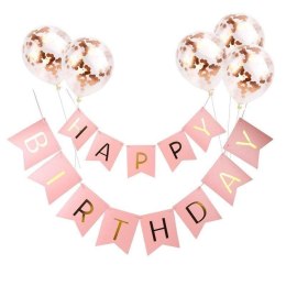 Girlanda urodzinowa Happy Birthday Różowa, złoty napis, 16cm VivaParty