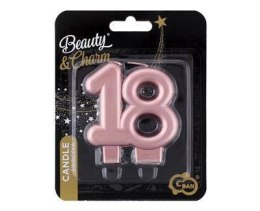 Świeczka liczba 18 urodziny, metalik różowo-złota, 8 cm Godan