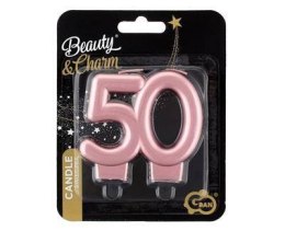 Świeczka liczba 50 urodziny, metalik różowo-złota, 8 cm Godan