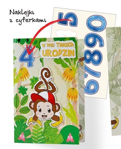 Karnet Urodziny dziecięce wymienne cyferki, małpka | DKP-047 Karnet Urodziny dziecięce wymienne cyferki, małpka | DKP-047