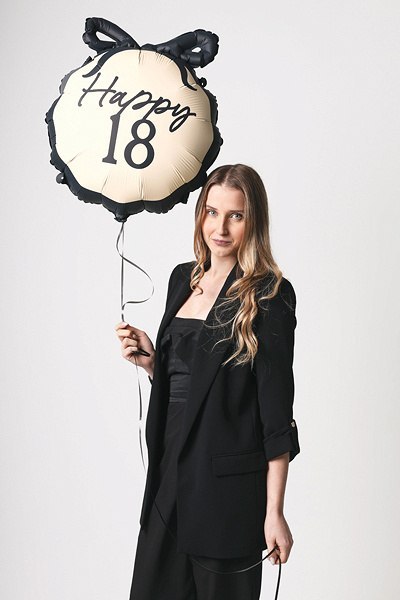 Balon foliowy Happy ''18'' z kokardką, osiemnastka, czarno- beżowy, 47,5x45 cm Partydeco Balon foliowy Happy ''18'' z kokardką, osiemnastka, czarno- beżowy, 47,5x45 cm Partydeco