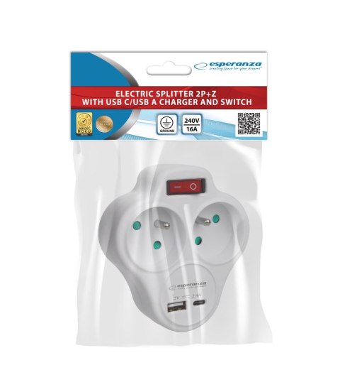 Rozgałęźnik elektryczny z wyłącznikiem 2 gniazda z ładowarką USB-C/USB-A ELK311W Rozgałęźnik elektryczny z wyłącznikiem 2 gniazda z ładowarką USB-C/USB-A ELK311W