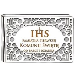 Pudełko na pieniądze banknotówka KOMUNIA - od BABCI i DZIADKA - Ażur 3302A-KOM3B-BD