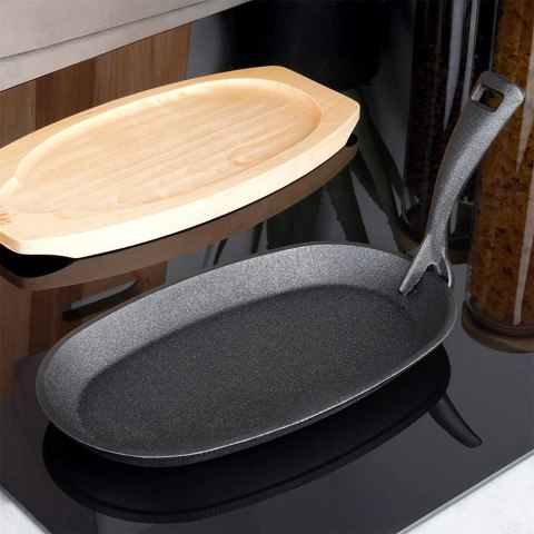 Żeliwna Patelnia do Smażenia Pieczenia z Deską do Serwowania VILDE 24x14 cm Żeliwna Patelnia do Smażenia Pieczenia z Deską do Serwowania VILDE 24x14 cm