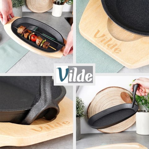 Żeliwna Patelnia do Smażenia Pieczenia z Deską do Serwowania VILDE 24x14 cm Żeliwna Patelnia do Smażenia Pieczenia z Deską do Serwowania VILDE 24x14 cm