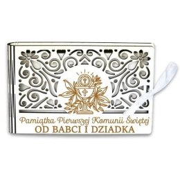 Pudełko na pieniądze banknotówka KOMUNIA - od BABCI i DZIADKA - Ażur 3302A-KOM1B-BD