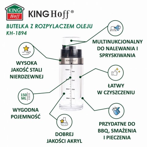 ATOMIZER SPRYSKIWACZ DO OLEJU OLIWY OCTU 2W1 150ML KINGHOFF KH-1894 ATOMIZER SPRYSKIWACZ DO OLEJU OLIWY OCTU 2W1 150ML KINGHOFF KH-1894