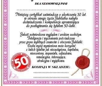 Dyplom certyfikat 50 lat Pani | D65 Dyplom certyfikat 50 lat Pani | D65