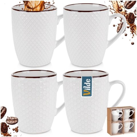 Kubki Ceramiczne Białe do Kawy Herbaty Zestaw Ozdobny VILDE 400 ml 4 szt. Kubki Ceramiczne Białe do Kawy Herbaty Zestaw Ozdobny VILDE 400 ml 4 szt.