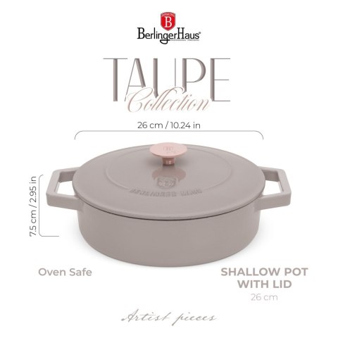 EMALIOWANY NISKI GARNEK ŻELIWNY 2.57L 26CM BERLINGER HAUS STRONG MOLD TAUPE BH-6527 EMALIOWANY NISKI GARNEK ŻELIWNY 2.57L 26CM BERLINGER HAUS STRONG MOLD TAUPE BH-6527