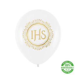 Balony komunijne biodegradowalne IHS biało-złote 12cali 100szt. 128879