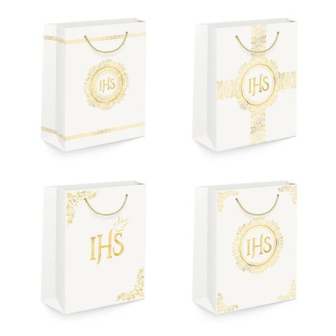 Torebka 12szt na prezenty 26 x 32 x 12cm IHS biało-złota 127469 Torebka 12szt na prezenty 26 x 32 x 12cm IHS biało-złota 127469