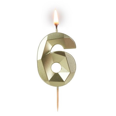 Świeczka cyferka "6" 5,8cm "DIAMENT" ZŁOTA na patyku ( długość patyka 4,2cm / 2cm ) 24szt. 64-06 Świeczka cyferka "6" 5,8cm "DIAMENT" ZŁOTA na patyku ( długość patyka 4,2cm / 2cm ) 24szt. 64-06
