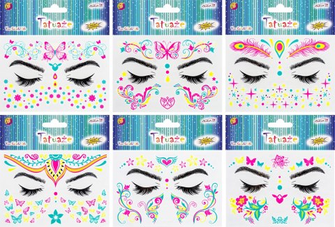 Tatuaże do twarzy świecące w świetle UV rozm. 15 x 10,5cm, mix wzorów TAT-6744 Tatuaże do twarzy świecące w świetle UV rozm. 15 x 10,5cm, mix wzorów TAT-6744