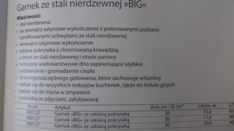 Garnek BIG 17l ze stali nierdzewnej + szklana pokrywka | 400121 fi-30 VITALO Garnek BIG 17l ze stali nierdzewnej + szklana pokrywka | 400121 fi-30 VITALO