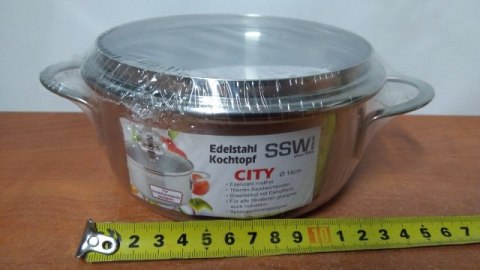 Garnek 0,9l. ze stali nierdzewnej + szklana pokrywka fi-14 CITY Garnek 0,9l. ze stali nierdzewnej + szklana pokrywka fi-14 CITY