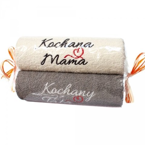 Ręczniki ecru i szary cukierek z haftem "Kochana Mama Kochany Tata " Ręczniki ecru i szary cukierek z haftem "Kochana Mama Kochany Tata "