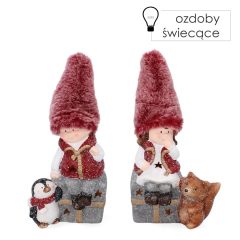 Figurka dziewczynka chłopak z liskiem i pingwinkiem na prezencie led 19,5cm Figurka dziewczynka chłopak z liskiem i pingwinkiem na prezencie led 19,5cm