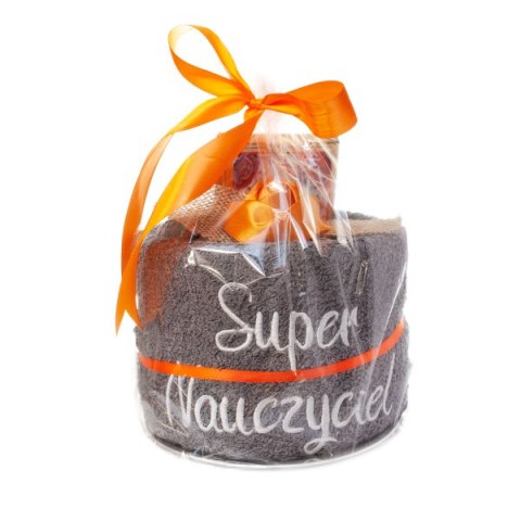 Ręcznik szary haftowany "Super Nauczyciel" i czekolada podziękowania w ozdobnym opakowaniu DIL-P-1R-TORT-NAU-EL Ręcznik szary haftowany "Super Nauczyciel" i czekolada podziękowania w ozdobnym opakowaniu DIL-P-1R-TORT-NAU-EL