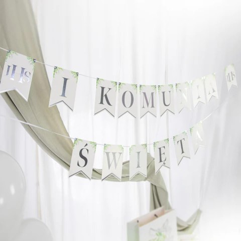 Baner komunijny I Komunia Święta Eukaliptus srebrny 240cm 131855 Baner komunijny I Komunia Święta Eukaliptus srebrny 240cm 131855