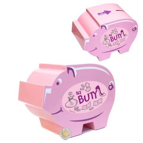 Duża świnka skarbonka z tektury z napisem "NA BUTY" Duża świnka skarbonka z tektury z napisem "NA BUTY"