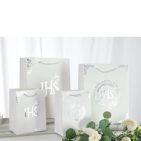Torebki na prezenty 15x20cm komunijne IHS biało-srebrne małe 12szt. mix 132067 Torebki na prezenty 15x20cm komunijne IHS biało-srebrne małe 12szt. mix 132067
