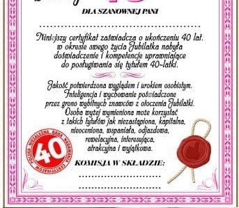 Dyplom certyfikat 40 lat Pani | D55 Dyplom certyfikat 40 lat Pani | D55