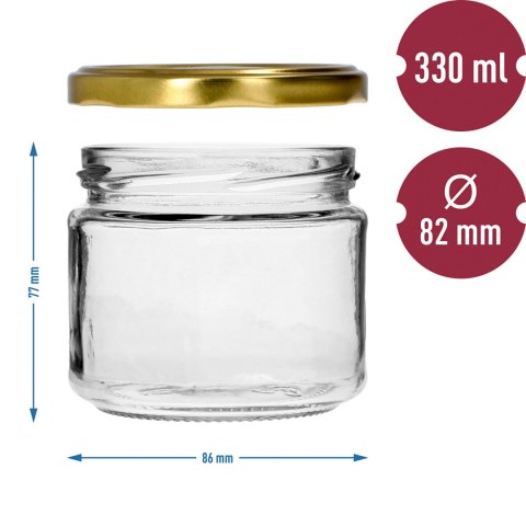 Słoik 330ml z złotą zakrętką fi 82/6 6szt. Słoik 330ml z złotą zakrętką fi 82/6 6szt.
