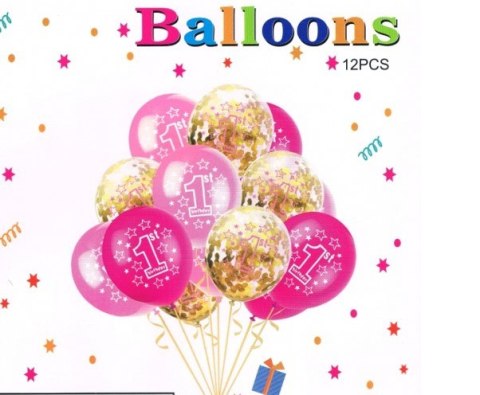Zestaw balonów z konfetti "Pierwsze urodziny" 30 cm 12 szt. różowy Zestaw balonów z konfetti "Pierwsze urodziny" 30 cm 12 szt. różowy