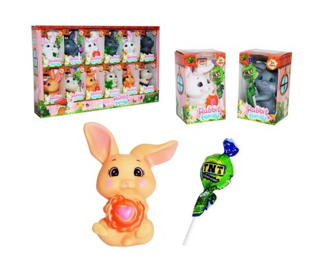 Zajączek gumowy piszczka + lizak z gumą do żucia RABBIT FAMILY+LOLLIPOP 12 szt. Zajączek gumowy piszczka + lizak z gumą do żucia RABBIT FAMILY+LOLLIPOP 12 szt.
