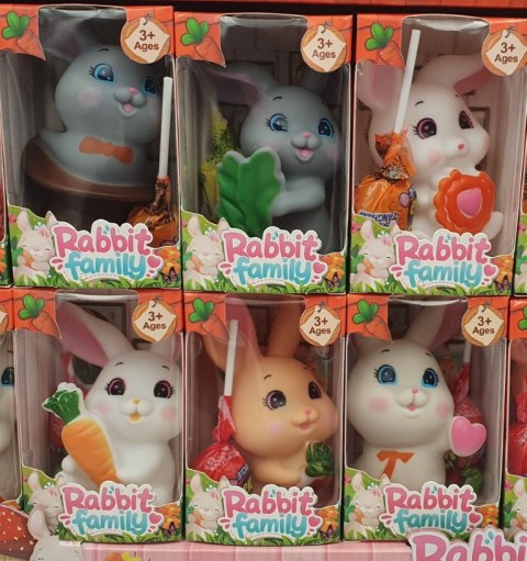 Zajączek gumowy piszczka + lizak z gumą do żucia RABBIT FAMILY+LOLLIPOP 12 szt. Zajączek gumowy piszczka + lizak z gumą do żucia RABBIT FAMILY+LOLLIPOP 12 szt.