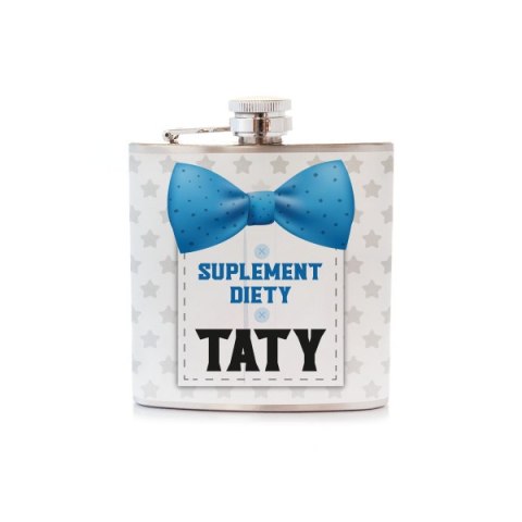 Piersiówka ze stali nierdzewnej z napisem "Suplement diety Taty" 180 ml Piersiówka ze stali nierdzewnej z napisem "Suplement diety Taty" 180 ml