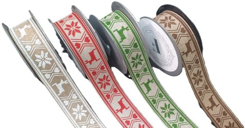 Wstążka lniana tkana motywem świątecznym 4cm x 10yd (1) Wstążka lniana tkana motywem świątecznym 4cm x 10yd (1)