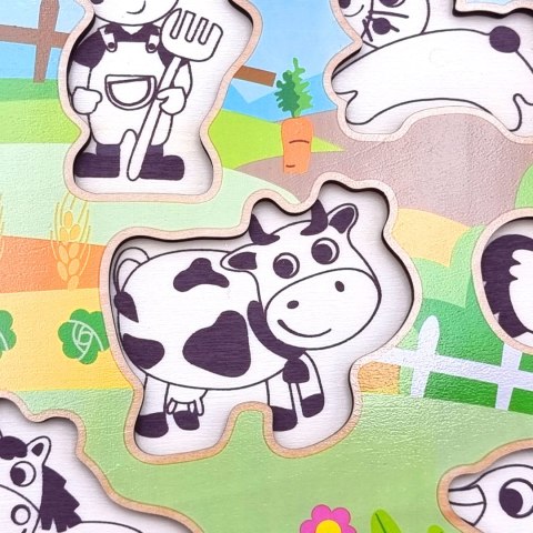 TOOKY TOY Drewniane Puzzle Montessori Farma z Pinezkami Do Dopasowania TOOKY TOY Drewniane Puzzle Montessori Farma z Pinezkami Do Dopasowania
