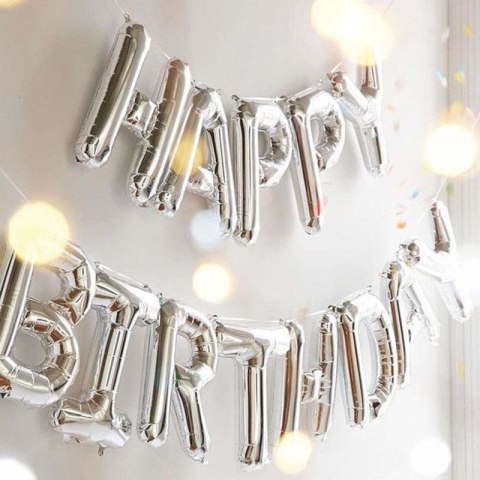 Napis HAPPY BIRTHDAY Srebrny - Balon Foliowy na Urodziny, Slim Partydeco Napis HAPPY BIRTHDAY Srebrny - Balon Foliowy na Urodziny, Slim Partydeco